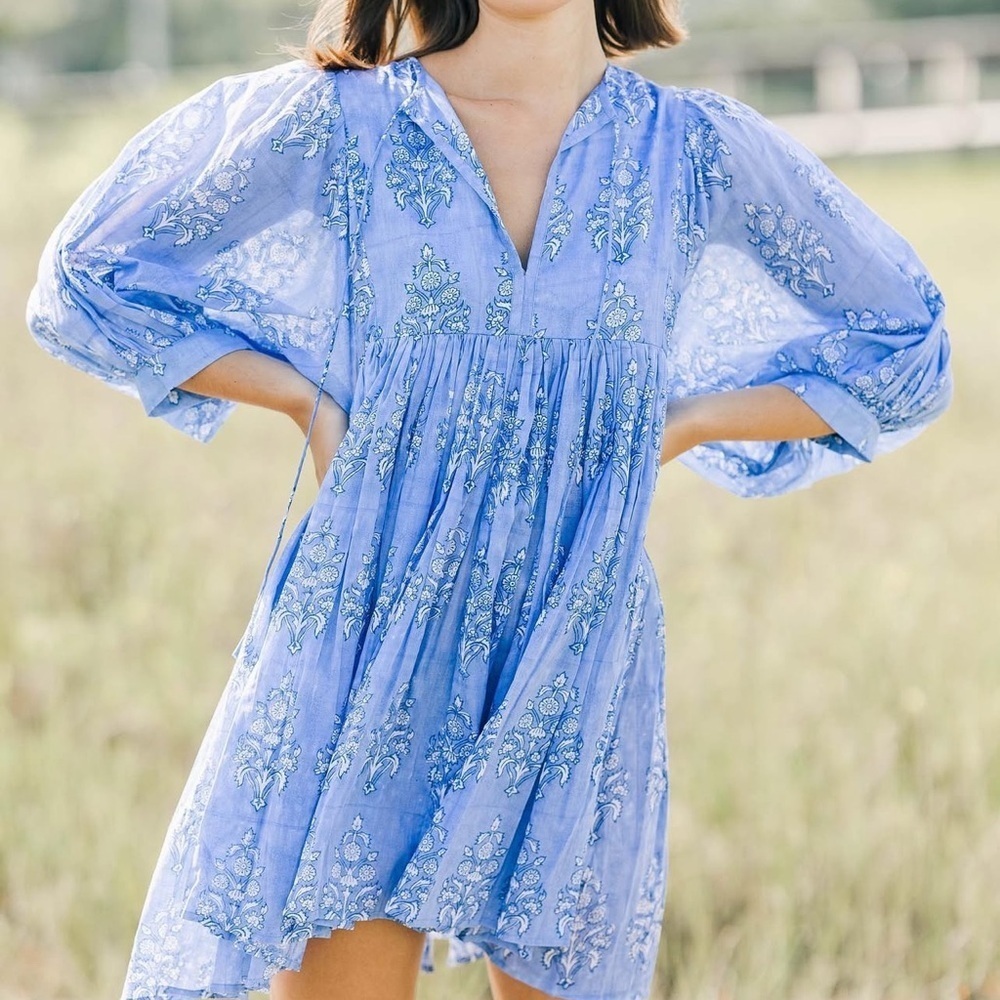 Clara the label clover mini blue shadow dress block print floral v neck